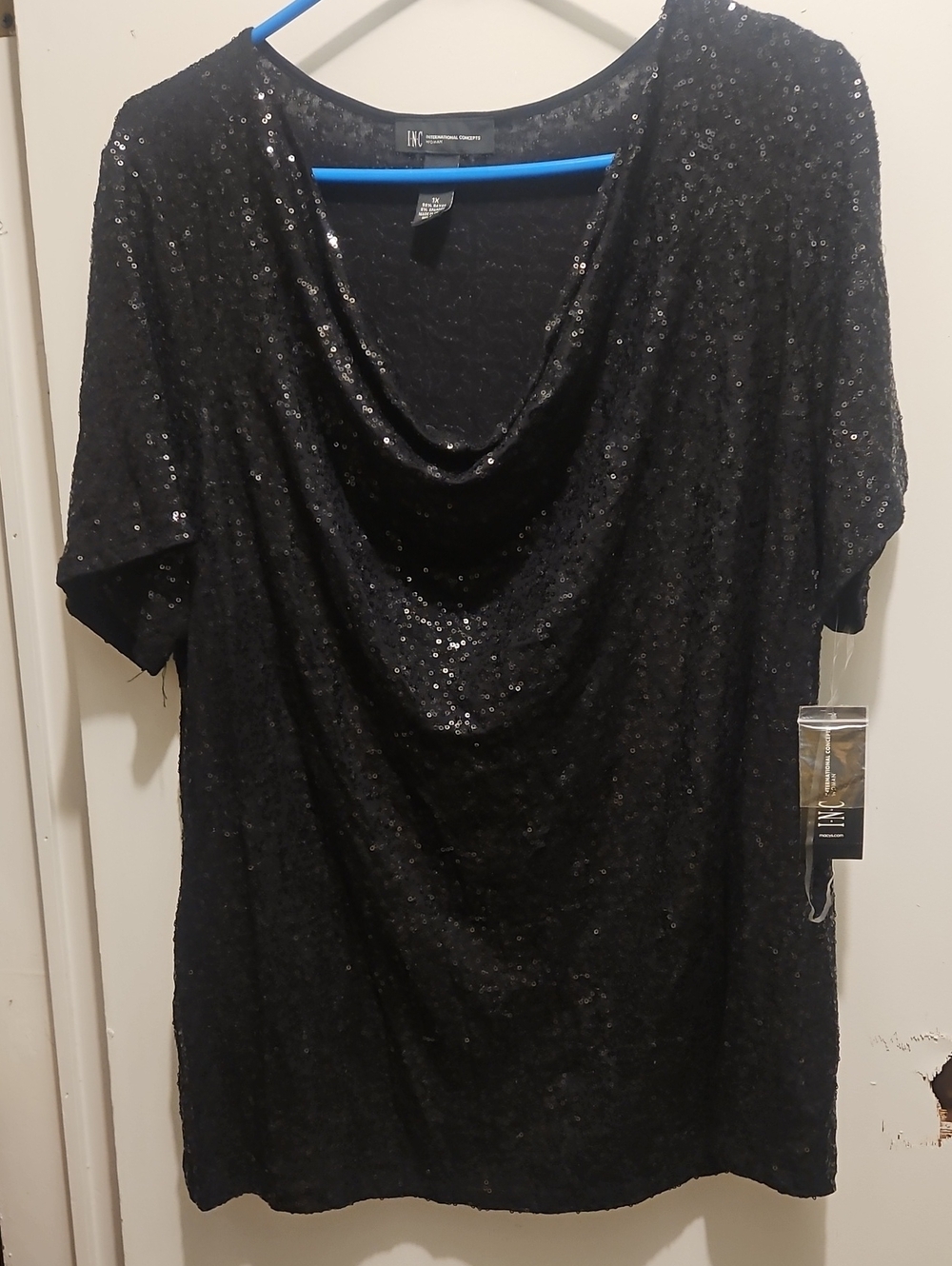 INC International Concepts Black Sequin Cowl Neck Blouse